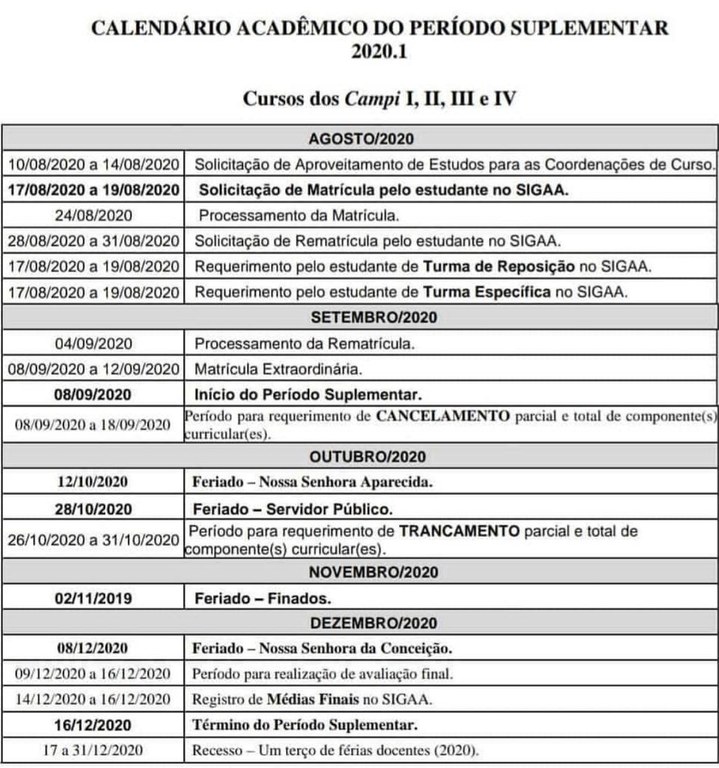 Calendário Suplementar 2020.1 - UFPB